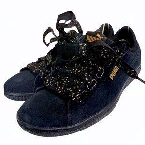 Puma Black Suede Athletic Sneakers with Gold Spattered Grosgrain Laces Size 5.5